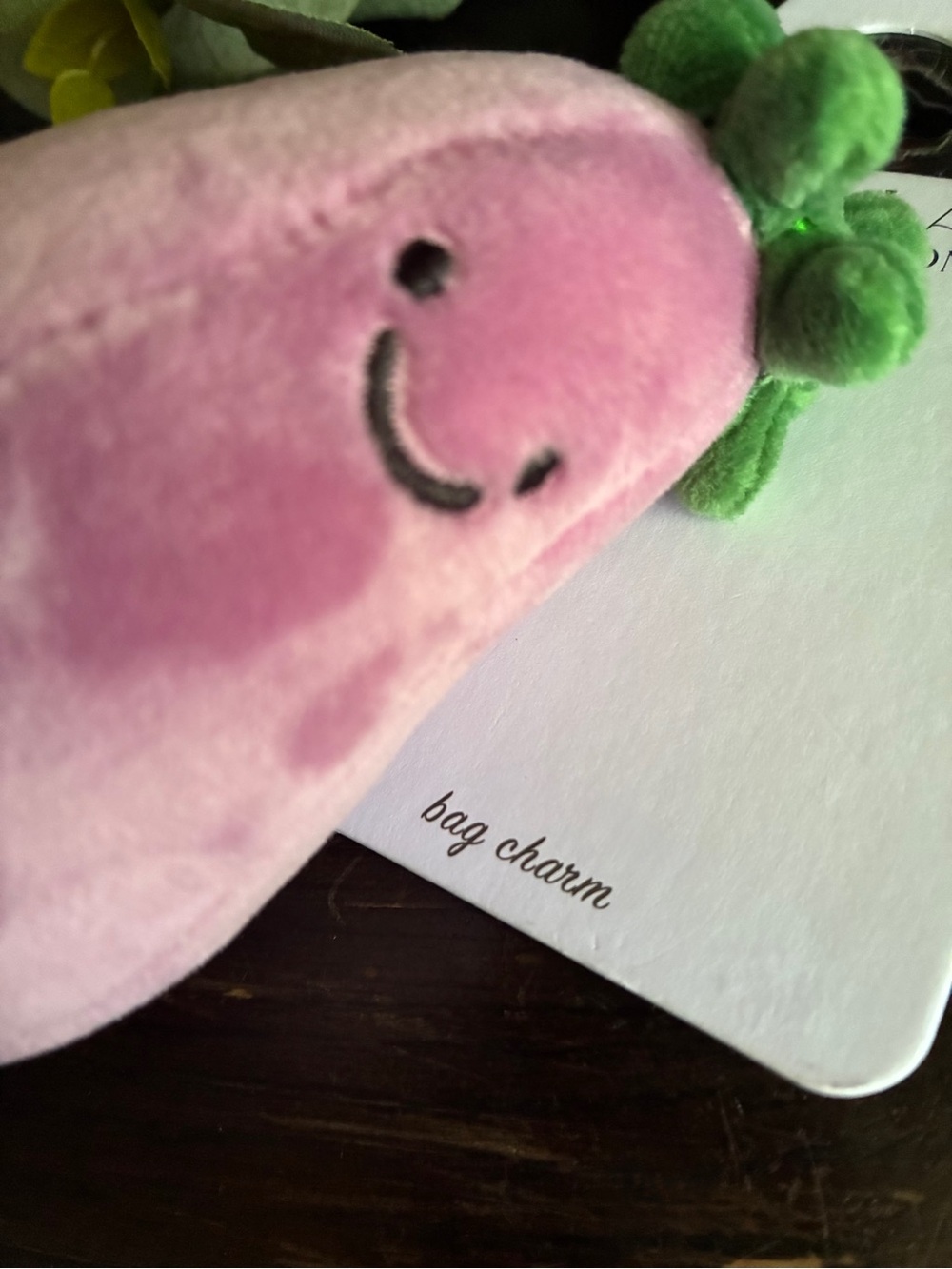 Plush Eggplant Keychain Bag Charm - Pink and Green - Picture 4 of 9